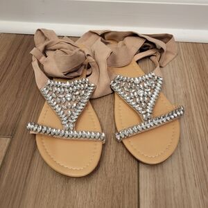 JUSTFAB Razzle Dazzle clear jewel dusty rose ankle wrap sandals size 8